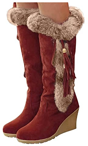 Stivali invernali da donna foderati, con zeppa e zeppa, in peluche, caldi sopra il ginocchio, da cowboy, in pelle scamosciata, per autunno e inverno, marrone, 38 EU