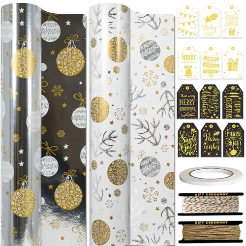 HaloCasa Geschenkpapier Weihnachten Set - 2 Rollen Metallic Folien-Weihnachtspapier in Gold & Silber (43cm x 10m) mit Geschenkanhängern & Juteband - für Adventskalender, Geschenkverpackung & Basteln