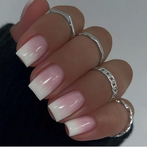Zosutetoxo Kurze Quadratische Press On Nails Pink Farbverlauf French Tip Wiederverwendbare künstliche Nägel Glänzende Soft Gel Nägel für Hochzeit Party