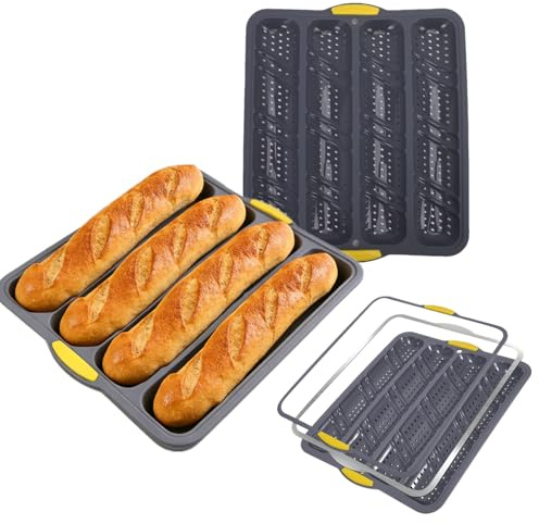 YXIAOO Silikon Kastenform für 4 Baguettes, Baguette Backblech 38x32.5cm,Baguetteblech Brötchen für knusprige Ergebnisse (Grau)