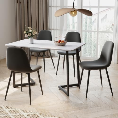 OC Orange-Casual 5-teiliges Esszimmer-Set mit Marmortischplatte & 4 Schalenform Kunstleder Essstühle–Modernes Küchen- & Esszimmertisch Set für 4 Personen (4 Stühle + Esstisch) (Grau)