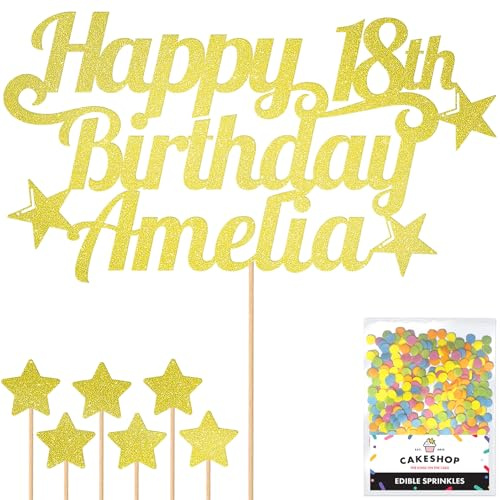 Cakeshop Personalised Happy Birthday Glitter Cake Topper - Champagne Any Name & Any Age Glitter Cake Decoration and Sprinkles - Happy Birthday Decorations - Custom Toppers for Cakes