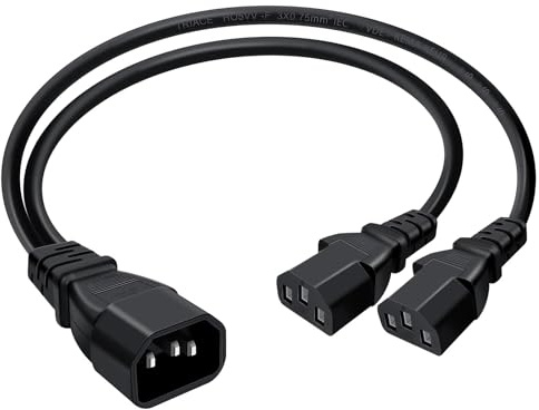 C14 to 2x C13 Power Splitter Cable, IEC 60320 Y Splitter Extension Lead, 3x0.75mm² Heavy Duty Kettle Lead for PDU, UPS, Computer, Monitor & Server (30CM)