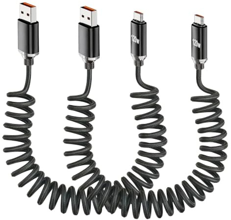 2pcs Cable USB C Espiral para Coche, 6A Carga Rápida Retráctil 0.4M-1.2M | 120W USB A a USB C Cable Enrollado para Apple CarPlay Android Auto, iPhone 16 15, Samsung Galaxy S24 S23, Negro