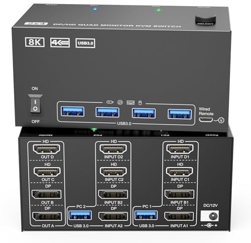 KVM Switch 4 Monitore 2 Computer HDMI + DisplayPort, KCEVE 8K@30Hz / 4K@144Hz Dual Computer KVM Umschalter, teilt 4 Displays und 4 USB 3.0 Geräte