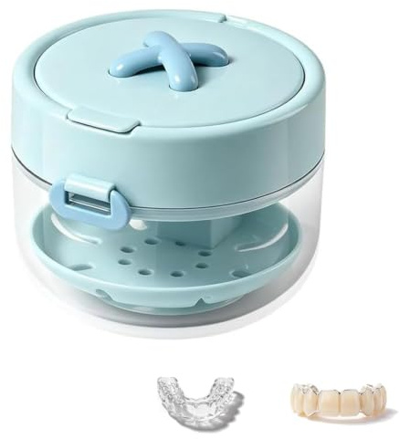 3 in 1 Denture Case Dental Mouthguard Case, Portable Retainer Storage Case, Leak Proof Travel Retainer Soaking Pot for Cleaning (1 Pcs,Blue)