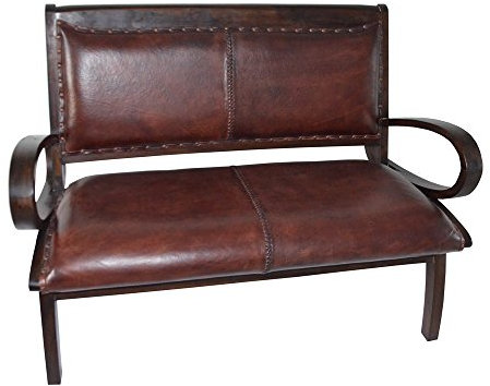 Antyki24 2er Sofa Braun Flurbank Lederbank Bank mit Rückenlehne Holzbeine Kolonialstill 77 x 121 x 42 cm