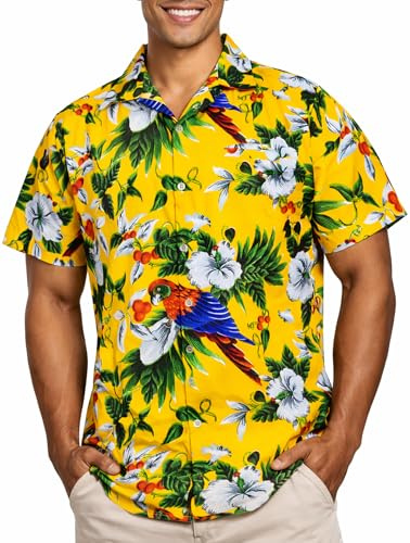 King Kameha Hawaii Hemd Männer - Tropisches Hawaiihemd Herren Kurzarm mit Papagei Print, Ideal für Urlaub, Festival & Strand