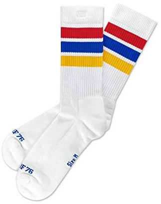 Spirit of 76 Herren & Damen Gestreifte Retro Crew Socken Baumwolle 35 36 37 38 Weiß - Rot - Blau - Gelb Lo (S)