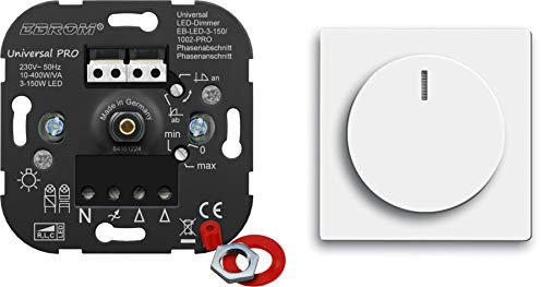 EBROM® Unterputz Universal LED Dimmer Drehdimmer + Busch Jäger Dimmerabdeckung 6540-84-102 Studioweiß glänzend Future Linear, Phasenabschnitt & Phasenanschnitt für LED 3-150 Watt & Halogen 10-400 W/VA