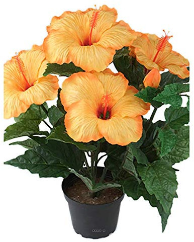 Artificielles.com - Künstlicher Hibiskus im Topf, Höhe 38 cm, 6 Köpfe, Safranorange