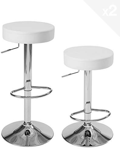 KAYELLES Lot 2 Tabourets Bar siège Rond Simili Cuir sans Dossier, Hauteur réglable, Repose Pieds, pivotants 360° Pied Chrome YO (Blanc)