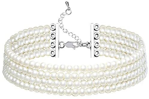 BABEYOND 1920s Damen Halskette Kurz Multi Schichte Choker Kette Hochzeit Braut Schmuck Accessoires Imitation Perlen Kette Elegant Retro Stil Fasching Kostüm Zubehör (Stil 2-4 Schichten)