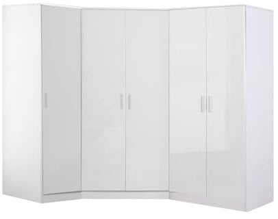 Reflect 3 Piece Bedroom Furniture Bundle - 2 Door CORNER + Double + Single PLAIN Wardrobes (H: 180cm x W: 179cm x D: 141cm) (White Gloss/Matt White)