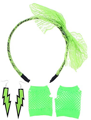 NUOBESTY Diadema de Encaje de Los 80 Pendientes de Neón Guantes de Rejilla Accesorios de Disfraces de Los 80 para La Fiesta de Los 80 (Verde Claro)