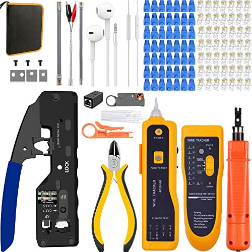 MAYLINE Pinza Crimpatrice RJ45 CAT5 CAT6 CAT7 Crimp Manutenzione del Strumenti Kit LAN Tester Riparazione del Cavo del Puntalini Passante Strumento Kit Cirmpatura per Cavi di Rete Passanti ne(Blu)