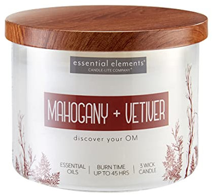 Candle Lite Essential Elements Duftkerze im Glas | Mahogany & Vetiver | Duftkerze Mahagoni | 3 Docht Kerze | Kerzen lange Brenndauer (45h) | Große Kerze (418g)
