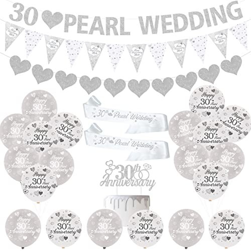 JOYMEMO 30. Perlen-Hochzeitstag, Dekorationen zum 30. Silberhochzeit, Luftballons, Herzringe, Tortenaufsatz, Satinschärpe für 30. Paare, Perlenhochzeit, Partyzubehör