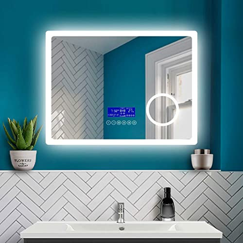 HAPAOSO Badspiegel mit Beleuchtung 80x60cm, Badezimmer LED Spiegel mit Uhr + Bluetooth + Kaltweiß und Warmweiß Beleuchtung + 3X Vergrößerung + Beschlagfrei + Wandspiegel mit Touchschalter Horizontal