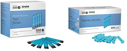 Kinetik Wellbeing Blood Glucose Test Strips (Pack of 100) – Used by the NHS & Sterile Lancets (Pack of 300) – Used by the NHS – in Association with St John Ambulance