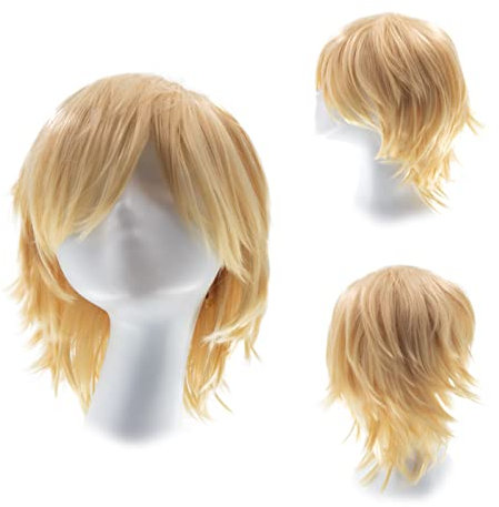 Gairyan Perücke Blond Perücke Damen Unisex Anime Cosplay Wig Kurze Synthetische Perücke Frauen Herren Gerade Perücken Halloween Perücke Karneval Kostüm Themen Party Kostüm