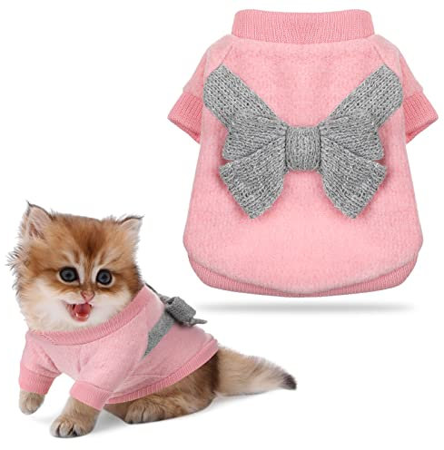Warm Haustier Pullover für Welpen Katzen Winter Hunde Strickwaren mit Schleife Welpen Sweater Klein Hundemantel Hundebekleidung für Chihuahua Yorkshire Weihnachten (Rosa, Grau)