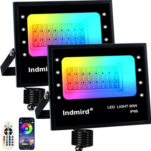 Indmird RGB Strahler 60W RGB LED Strahler Außen mit Bluetooth APP Steuerung IP66 Wasserdich 6500K Außenstrahler Smart RGBW Farbwechsel Dimmbar Flutlichtstrahler Stimmungslicht für Garten Party Bühnen