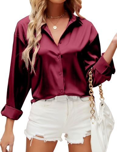 HANERDUN Bluse Damen Elegant Langarmshirt V-Ausschnitt Hemd Satin Oberteile | Satin Bluse Damen, Knopfleiste Arbeit, Einfarbig Hemdbluse, Lässige, Blusen & Tuniken für Damen, Elegante Shirt, Langarm Tops
