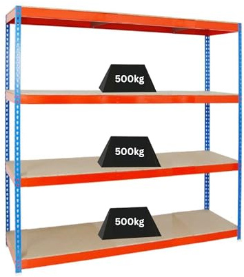 PROREGAL Schwerlastregal Wood Beast Four | HxBxT 200x210x45cm | 4 Ebenen | Fachlast 500kg | Blau-Orange | Weitspannregal Werkstattregal Lagerregal Kellerregal Gargenregal