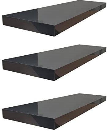 Roseley Set of 3 High Gloss Floating Shelves 40cm No Visible Brackets Wall Mounted Display Bedroom Living Room Kitchen Decor [Black]