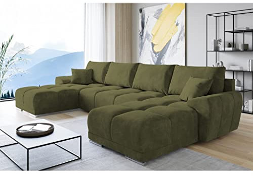 ML Furniture Velvet Ecksofa in U-Form – Olive Sofa – Couch mit Stauraum und Kissen - Ausziehbares Schlafsofa – Sofa mit Schlaffunktion - Schlafsofa mit Bettkasten – Gästebett – 365 x 189 cm
