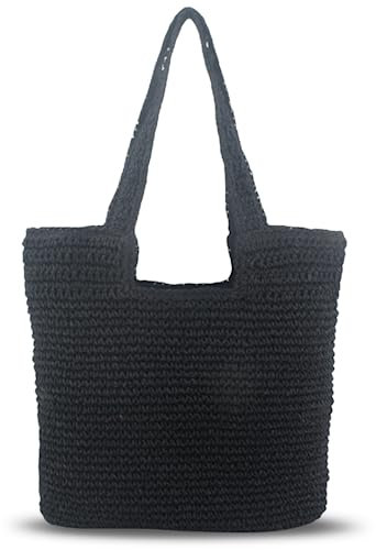 Erhuoxz Stroh-Umhängetasche für Damen, handgewebte Tragetasche Sommer Strandtasche Rattan Handtasche, Boho Tasche, Schwarz