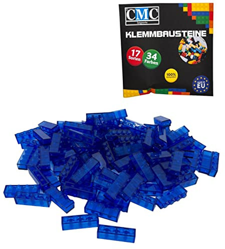CMC imports 200 Klemmbausteine Bausteine Grundbausteine 1x4 Noppen Kompatibel 4 Noppen Bricks 34 vers. Farben (192 - Blau Transparent)