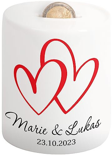 Hochzeitsgeschenke für Brautpaar - Hochzeits-Spardose „Zwei Herzen“ mit Namen und Datum - Verpackung Geldgeschenk Hochzeit Geld-Geschenk Hochzeit personalisiert | Hochzeitstag Sparschwein (Rot)