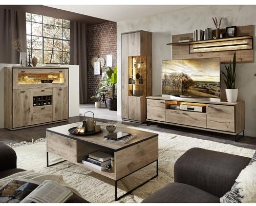 Wohnmöbel Set Wohnwand braun 5-teilig Modern, 1 Couchtisch, 1 Vitrine, 1 Highboard, 1 Lowboard, 1 Wandboard