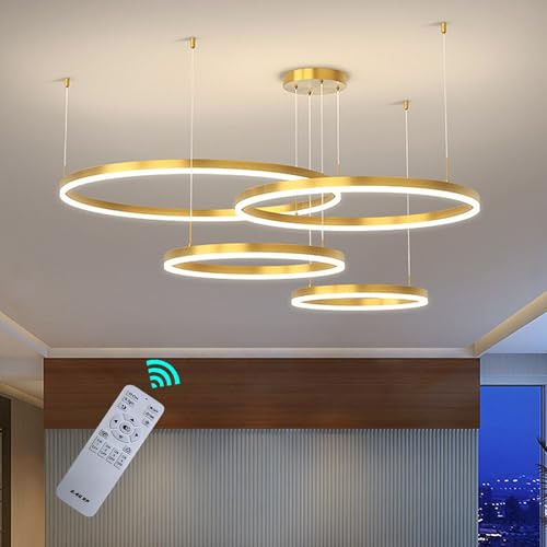 Modern LED Pendelleuchte Ring, Wohnzimmerlamp, Kreis Hängeleuchte, Runde Hängelampe Aluminium 3000K-6000K Dimmbar Kronleuchte Mit Fernbedienung, Esszimmerlampe, Deckenleuchte Wohnzimmer ( Color : A-Go