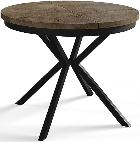 AlpiMeble Runder Esszimmertisch BERGO, ausziehbarer Tisch Durchmesser: 100 cm/180 cm, Wohnzimmertisch Farbe: Grau, mit Metallbeinen in Farbe Schwarz