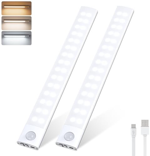 Under Cabinet Kitchen Lights, 2 Pack 60 LED Under Cupboard Lighting, 3000mAh Motion Sensor Cupboard Lights, Type-C Rechargeable 3 Color Temperature Dimming Wardrobe Light for Kitchen Closet Garage
