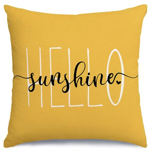 RABUSOFA Kissenbezug mit Aufschrift Hello Sunshine, Frühlings- und Sommer-Motiv, saisonal, gelb, für den Außenbereich, Sommerdekorationen für Zuhause, 45,7 x 45,7 cm