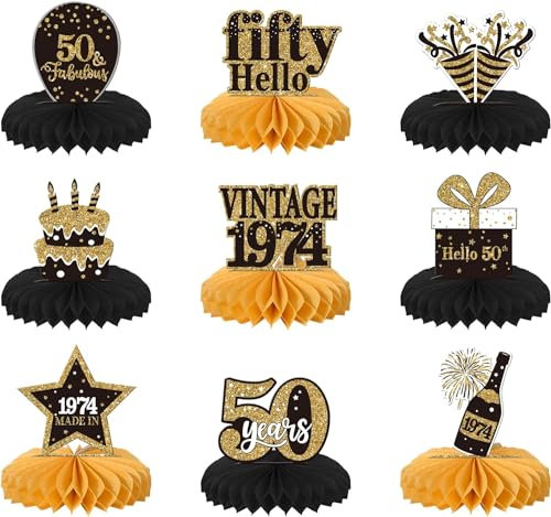 SYKYCTCY 9 Stück 50th Geburtstag Tischdeko Vintage 1974 Schwarz Gold Tischdeko Fifty Hello 50 Wabe Dekorationen für Männer Frauen 50. Geburtstag Thema Party Dekorationen