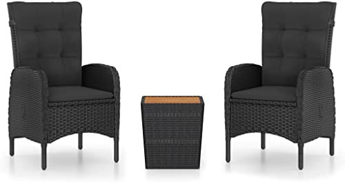 Makastle Gartenmöbel 3er Set, Sitzgruppe im Garten und Balkon, Kleiner Gartenlounge Gartengarnitur mit 2 Stühlen und 1 Tisch, Bistroset für Balkon Garten Veranda, Poly Rattan und Akazienholz Schwarz