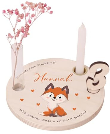 LAUBLUST Personalisierter Geburtstagsteller aus Holz mit Kerzenhalter, Vase & Zahlen - Geburtstagsdeko mit Namen - Fuchs Motiv | Ø16.5 cm, Natur - Geburtstagstisch - 1. Geburtstag Kinder Geschenk