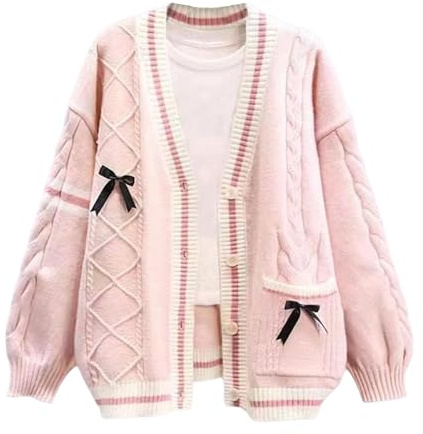 FindThy Damen Kawaii JK Schuluniform-Cardigans Langarm-Cardigan mit angenähter Schleife, rose, Einheitsgröße