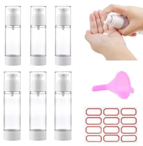 LYTIVAGEN 6 dispensador vacíos sin aire, botellas de crema 80 ml y 100 ml, bomba de viaje rellenable, dispensador de loción con embudo, botella dispensadora al vacío