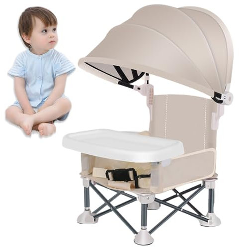 Baby Campingstuhl, klappende Camping Hochstuhl für Baby, Sitzverstärkersitz mit Lebensmittelschalen und Sicherheitsgurten, Baby Beach Travel Stuhl Kinder Sitzerhöhung (Beige)