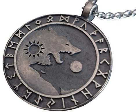 Baldur Jewelry Wikinger-Wölfe Yin-Yang-Kette aus Messing | Zwei Wölfe bilden ein Yin-Yang-Symbol; Messinganhänger im Runenstil mit 56 cm langer Kette für Damen und Herren.