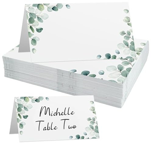 50 Stück tischkarten hochzeit, tischkarten für Sitzordnung und Tischdekoration, Elegantes Design platzkarten für Hochzeit, Beschriften, Taufe, Kommunion und weitere Feiern (Grün Eucalyptus)