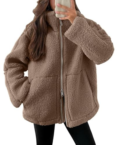 Komiseup Winterjacke Damen 2024 Neu Teddyjacke Winter Doppelschieber Steppjacke Locker Teddy Fleecejacke mit Taschen Warme Revers Wolljacke Elegant Einfarbig Wintermantel Flauschig Dick Plüschjacke