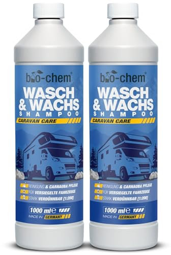 bio-chem Caravan Wasch & Wachs Shampoo - 2x 1L Konzentrat - Mit Carnaubawachs für Glanz & Schutz - Wohnmobil, Wohnwagen, Boot - Selbsttrocknend, pH-neutral - Made in Germany