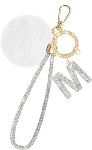 MWOOT Porte-clés avec initiale en cristal, Porte-clés en strass pour la décoration de sac à main, sac à dos ou pochette, Porte-clés personnalisé avec initiale M, Blanc